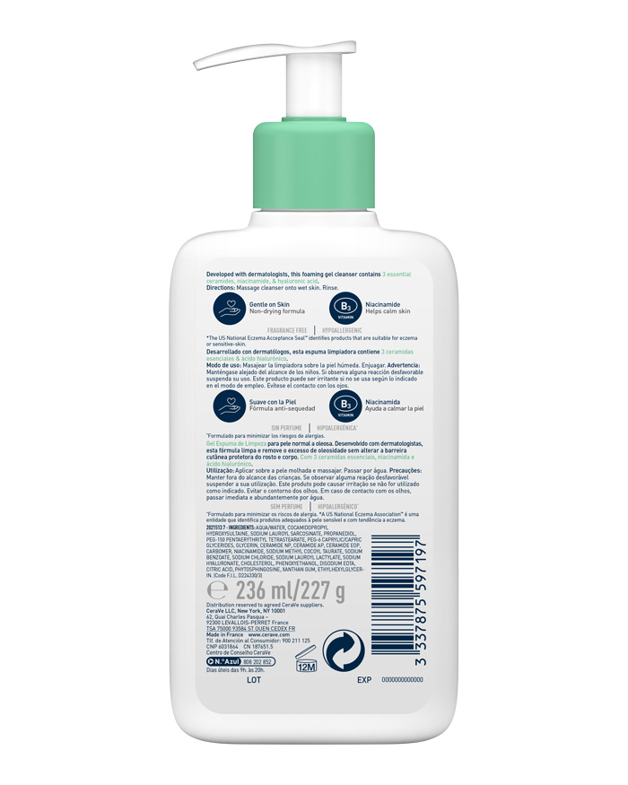 CeraVe limpiador facial espumante, suave lavado diario para piel grasa,  adecuado para pieles sensibles, sin fragancia, producto verificado por  CeraVe, 473 ml : : Belleza